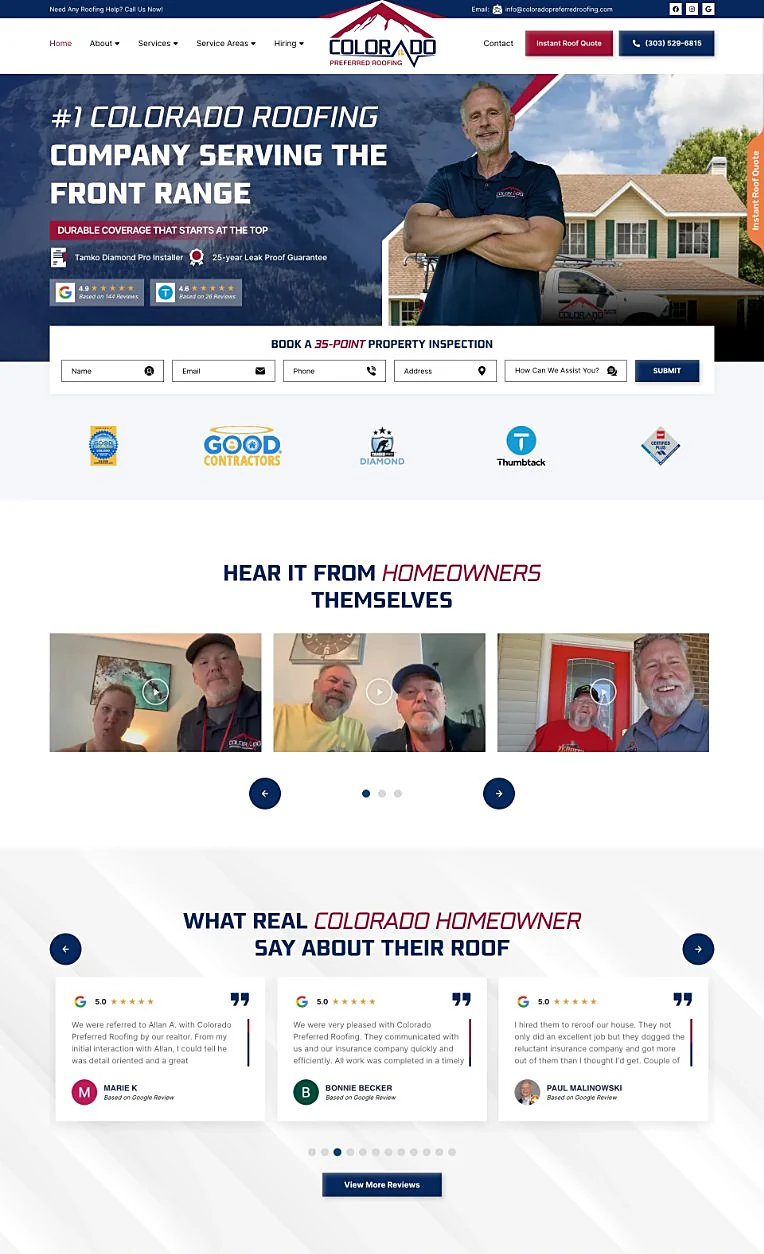 Colorado Preferred Roofing website homepage, built by Monir